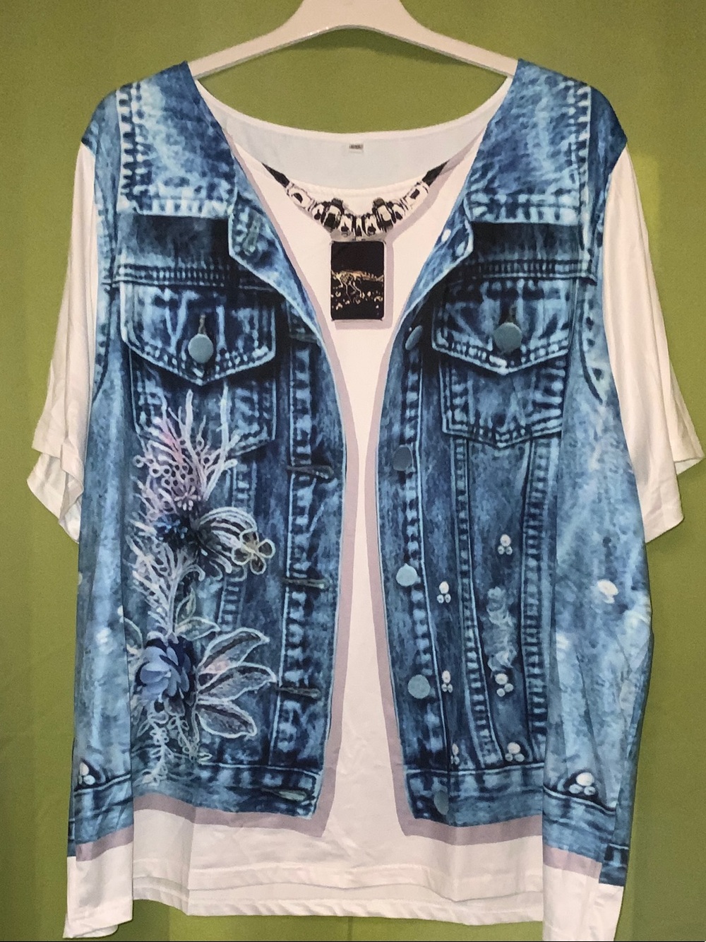 $8>>>>Women’s Short Sleeve Tee with Blue Denim Jacket Print